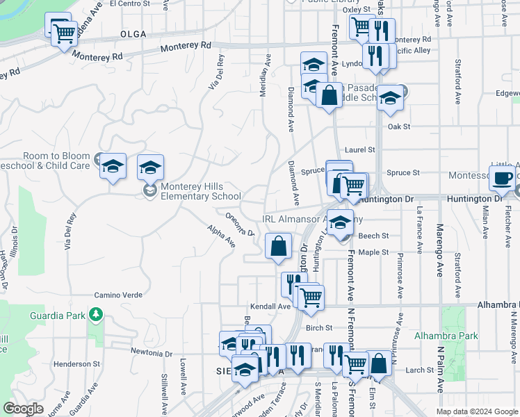 map of restaurants, bars, coffee shops, grocery stores, and more near 920 Summit Drive in South Pasadena