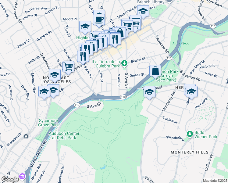 map of restaurants, bars, coffee shops, grocery stores, and more near 273 South Avenue 55 in Los Angeles