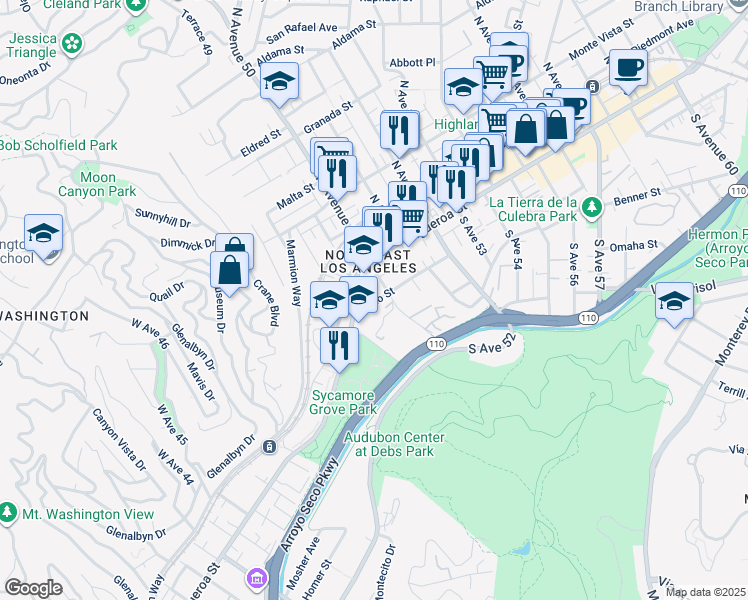 map of restaurants, bars, coffee shops, grocery stores, and more near 134 South Avenue 50 in Los Angeles