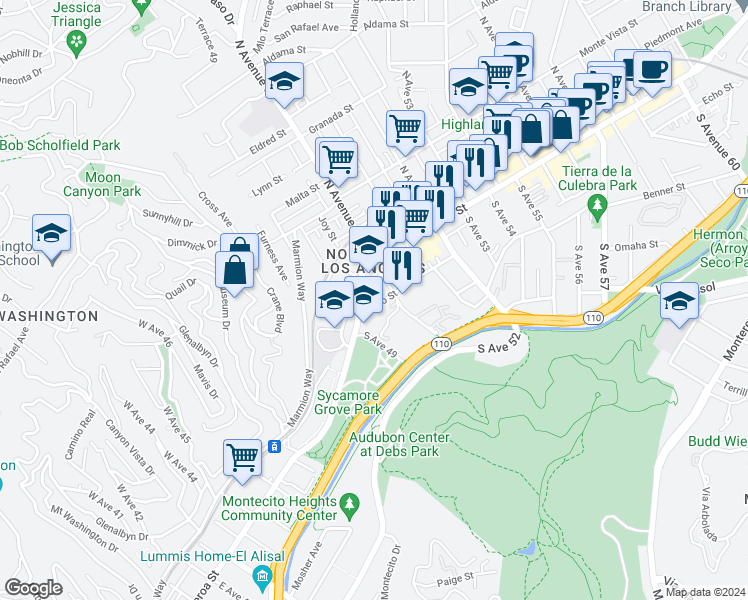 map of restaurants, bars, coffee shops, grocery stores, and more near 134 South Avenue 50 in Los Angeles