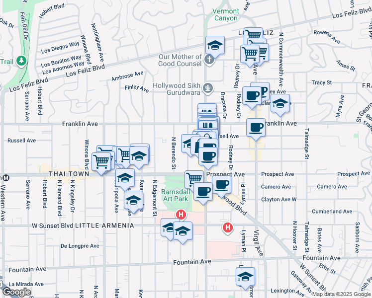 map of restaurants, bars, coffee shops, grocery stores, and more near 1818 North New Hampshire Avenue in Los Angeles
