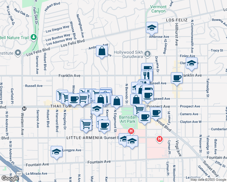 map of restaurants, bars, coffee shops, grocery stores, and more near 1814 North Edgemont Street in Los Angeles
