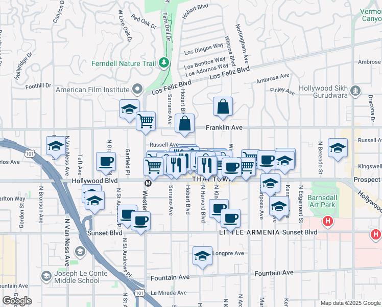 map of restaurants, bars, coffee shops, grocery stores, and more near 1818 1/2 North Harvard Boulevard in Los Angeles