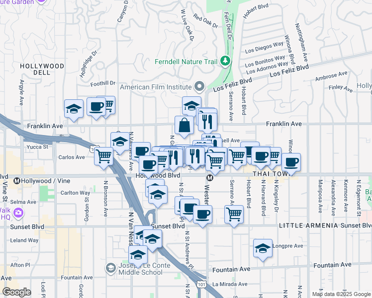 map of restaurants, bars, coffee shops, grocery stores, and more near 1817 Garfield Place in Los Angeles