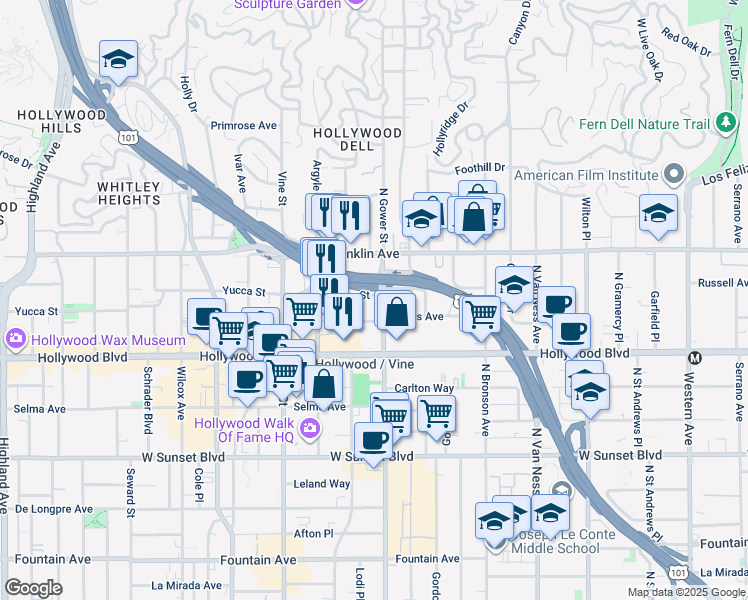 map of restaurants, bars, coffee shops, grocery stores, and more near 6125 Carlos Avenue in Los Angeles