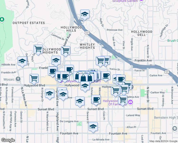 map of restaurants, bars, coffee shops, grocery stores, and more near in Los Angeles