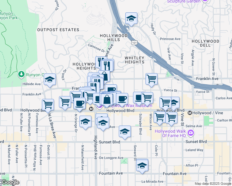 map of restaurants, bars, coffee shops, grocery stores, and more near 6700 Franklin Place in Los Angeles