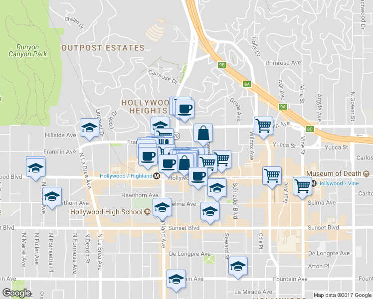 map of restaurants, bars, coffee shops, grocery stores, and more near 6700 Franklin Place in Los Angeles