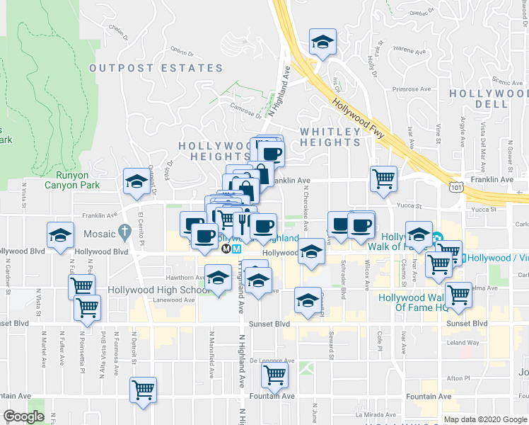 map of restaurants, bars, coffee shops, grocery stores, and more near in Los Angeles