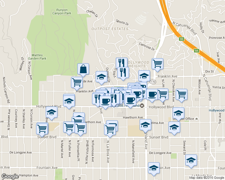 map of restaurants, bars, coffee shops, grocery stores, and more near in Los Angeles