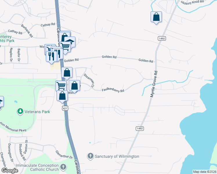 map of restaurants, bars, coffee shops, grocery stores, and more near 6303 Iverstone Ct in Wilmington