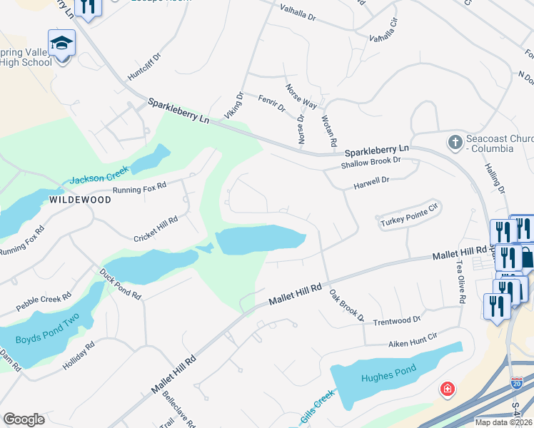 map of restaurants, bars, coffee shops, grocery stores, and more near 404 Oak Brook Drive in Columbia