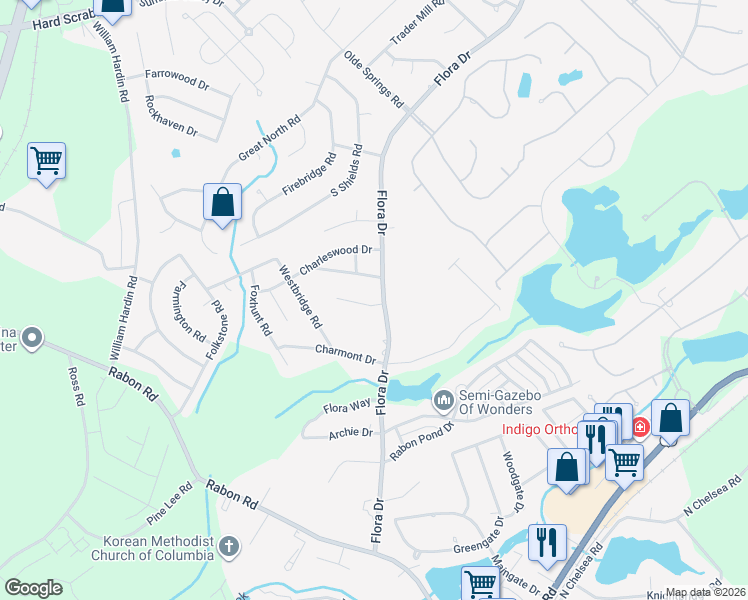 map of restaurants, bars, coffee shops, grocery stores, and more near 108 Chadwell Road in Columbia