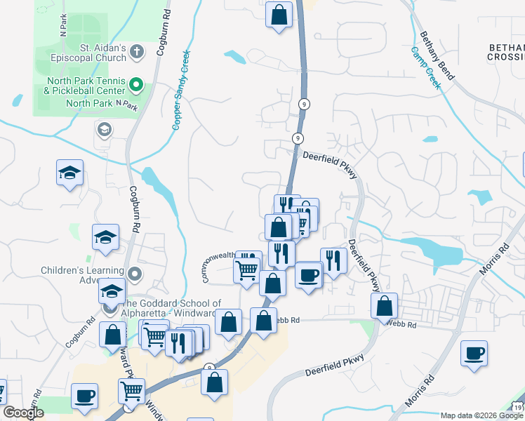 map of restaurants, bars, coffee shops, grocery stores, and more near 13275 Marrywood Drive in Alpharetta