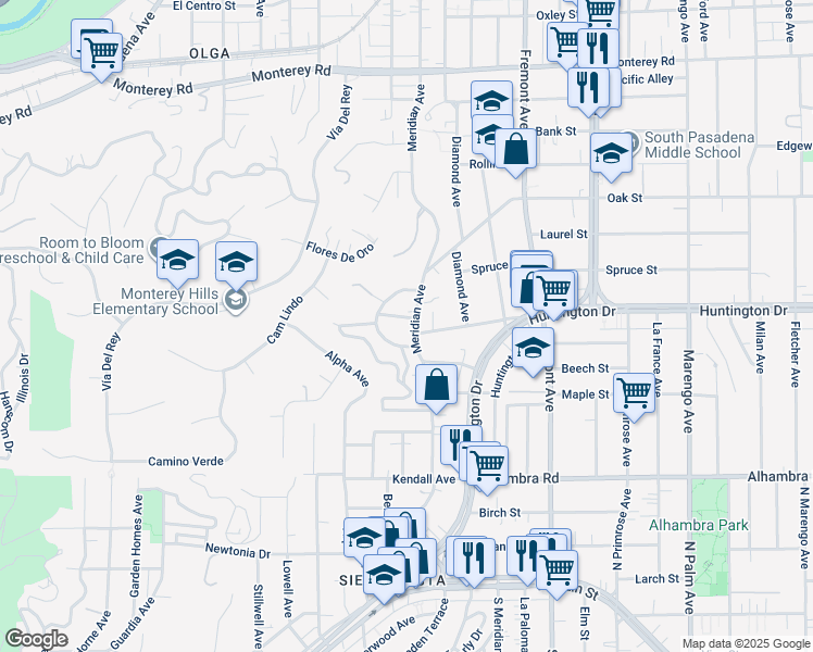 map of restaurants, bars, coffee shops, grocery stores, and more near 1805 Meridian Avenue in South Pasadena