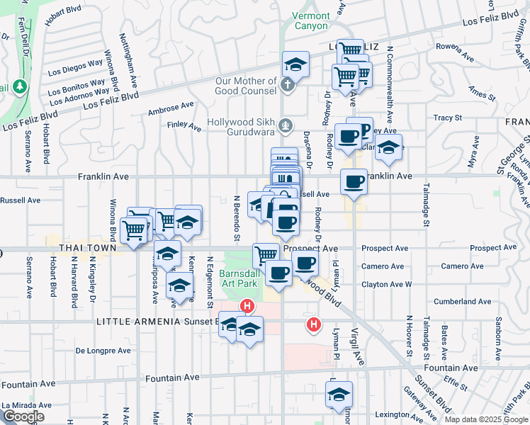 map of restaurants, bars, coffee shops, grocery stores, and more near 1800 North New Hampshire Avenue in Los Angeles