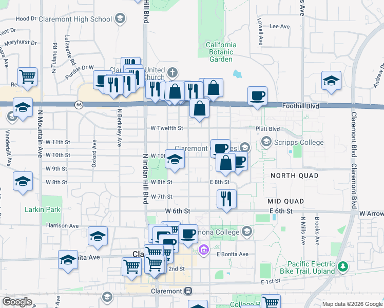 map of restaurants, bars, coffee shops, grocery stores, and more near 1035 Harvard Avenue North in Claremont