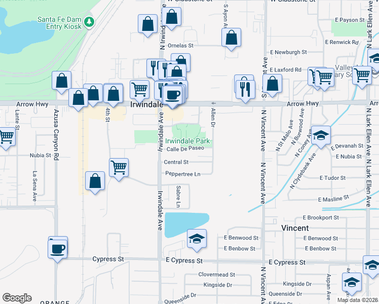 map of restaurants, bars, coffee shops, grocery stores, and more near 16106 Calle De Paseo in Irwindale