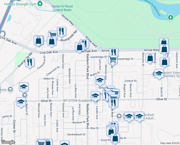 map of restaurants, bars, coffee shops, grocery stores, and more near 5030 Baldwin Park Boulevard in Baldwin Park