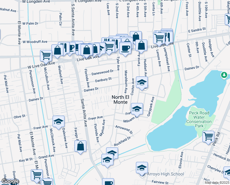 map of restaurants, bars, coffee shops, grocery stores, and more near 5453 Tyler Avenue in Temple City