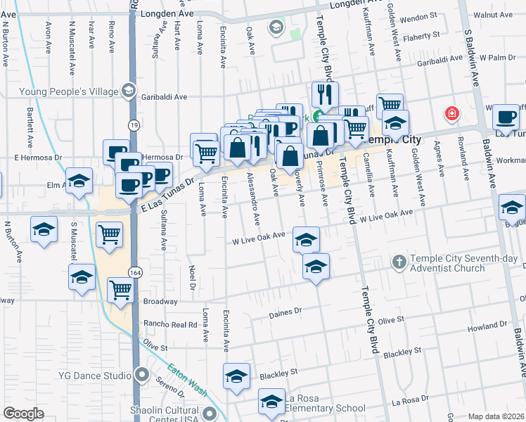 map of restaurants, bars, coffee shops, grocery stores, and more near 5755 Oak Avenue in Temple City