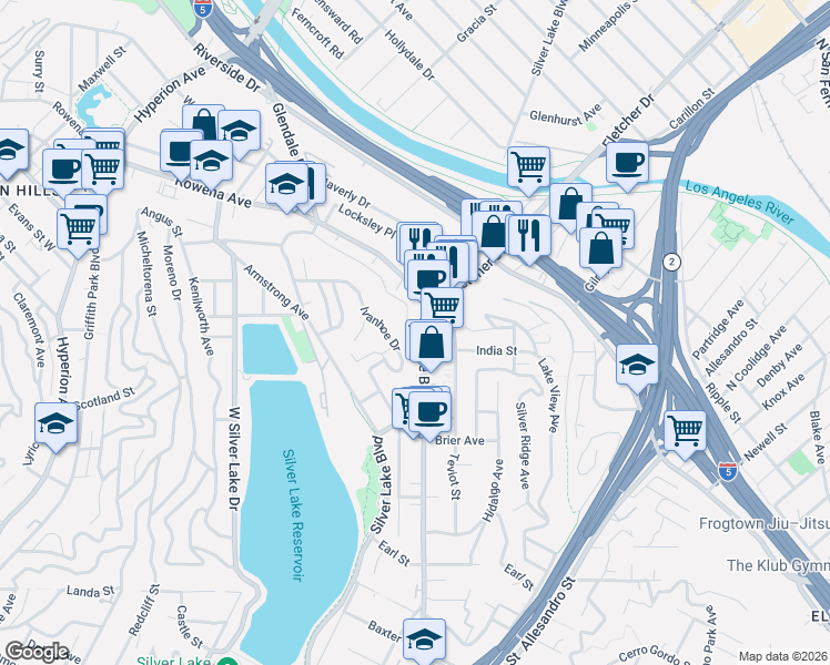 map of restaurants, bars, coffee shops, grocery stores, and more near 2524 Ivan Hill Terrace in Los Angeles