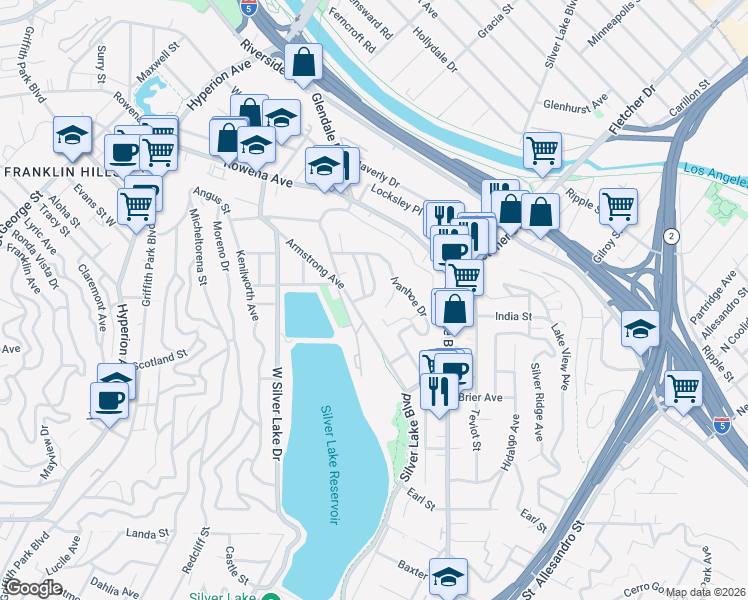 map of restaurants, bars, coffee shops, grocery stores, and more near 2615 Lake View Terrace East in Los Angeles