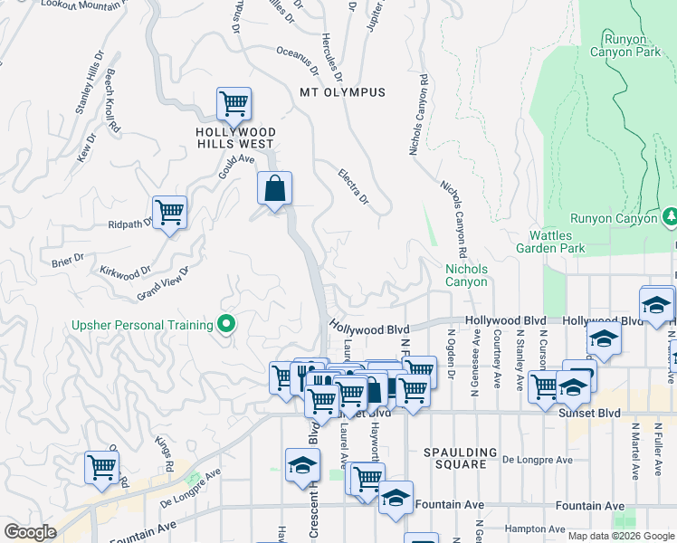 map of restaurants, bars, coffee shops, grocery stores, and more near 1770 Seaview Trail in Los Angeles