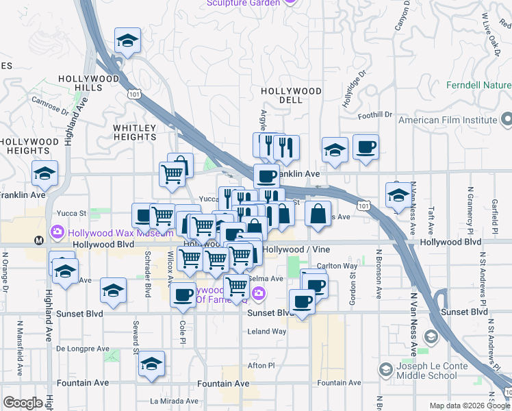 map of restaurants, bars, coffee shops, grocery stores, and more near 6230 Yucca Street in Los Angeles