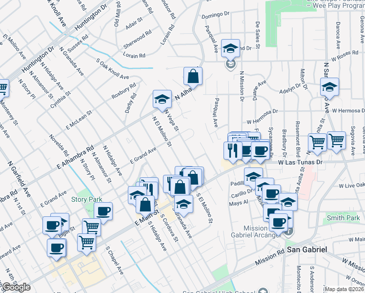 map of restaurants, bars, coffee shops, grocery stores, and more near 221 North Vega Street in Alhambra
