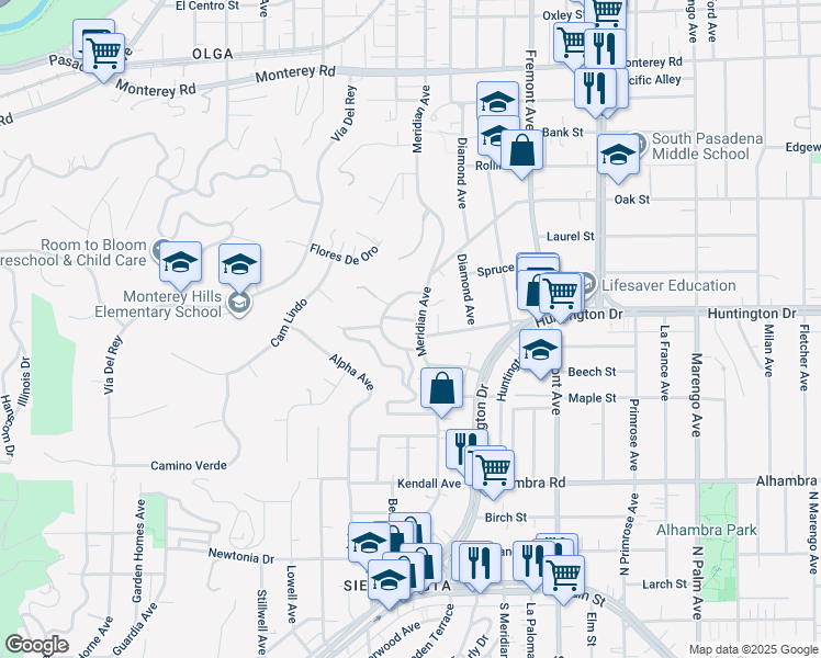 map of restaurants, bars, coffee shops, grocery stores, and more near 1805 Meridian Avenue in South Pasadena