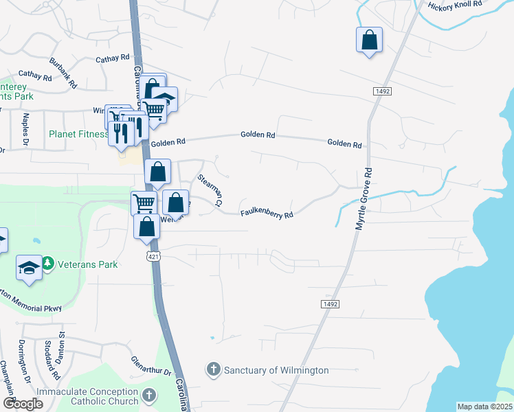 map of restaurants, bars, coffee shops, grocery stores, and more near 1409 Faulkenberry Road in Wilmington