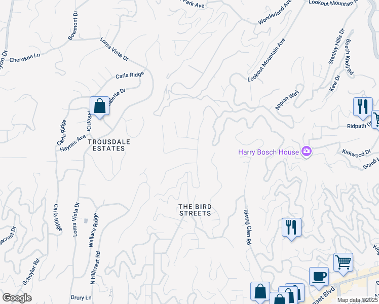 map of restaurants, bars, coffee shops, grocery stores, and more near 9214 Nightingale Drive in West Hollywood