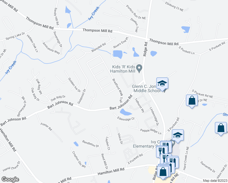 map of restaurants, bars, coffee shops, grocery stores, and more near 4155 Bradford Walk Trail in Buford