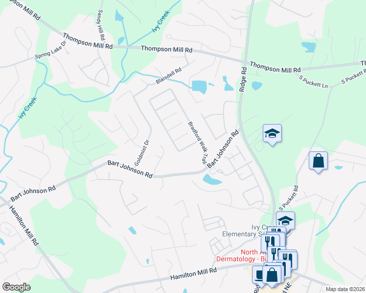 map of restaurants, bars, coffee shops, grocery stores, and more near 4120 Bradford Walk Trail in Buford