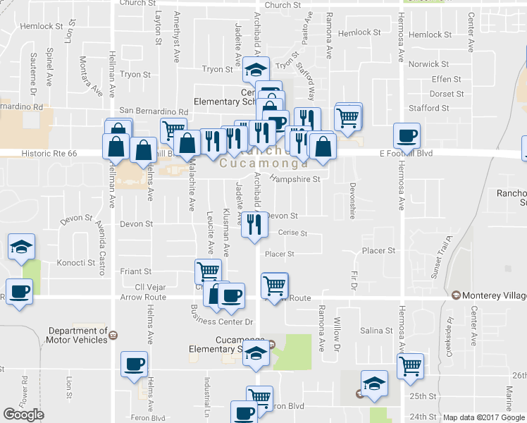 map of restaurants, bars, coffee shops, grocery stores, and more near 8259 Archibald Avenue in Rancho Cucamonga
