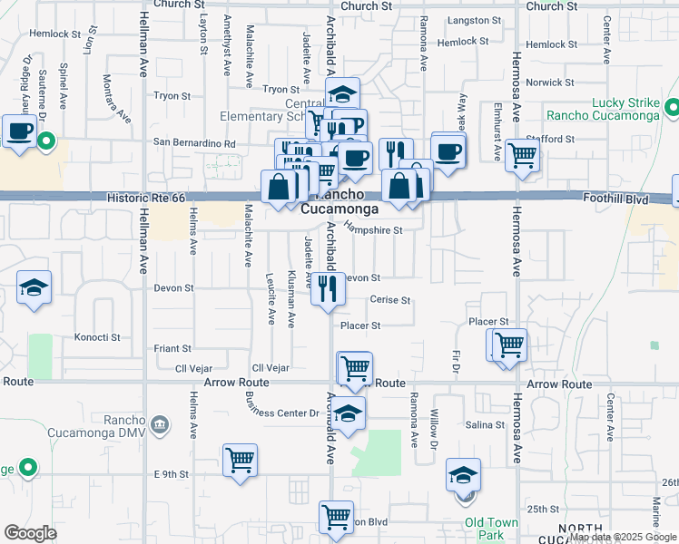 map of restaurants, bars, coffee shops, grocery stores, and more near 8256 Burgundy Avenue in Rancho Cucamonga