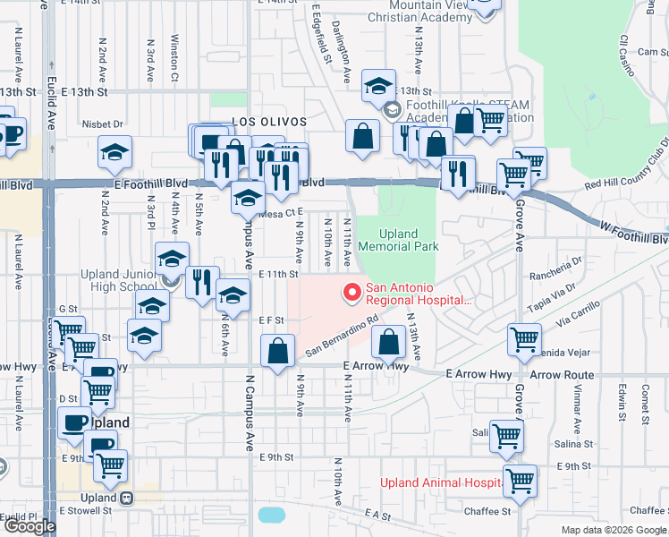 map of restaurants, bars, coffee shops, grocery stores, and more near 808 North 10th Avenue in Upland