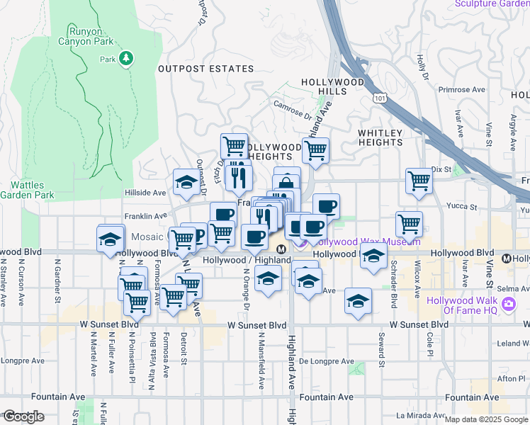 map of restaurants, bars, coffee shops, grocery stores, and more near 1767 Orchid Avenue in Los Angeles