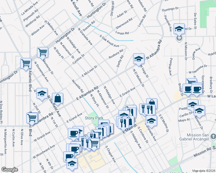 map of restaurants, bars, coffee shops, grocery stores, and more near 508 North Hidalgo Avenue in Alhambra