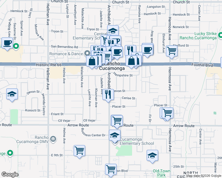 map of restaurants, bars, coffee shops, grocery stores, and more near 8259 Archibald Avenue in Rancho Cucamonga