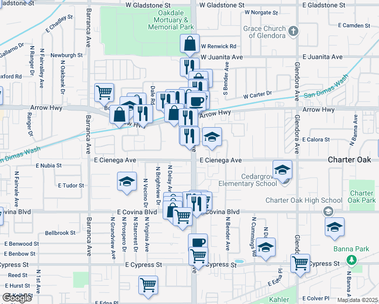 map of restaurants, bars, coffee shops, grocery stores, and more near 1319 North Grand Avenue in Covina