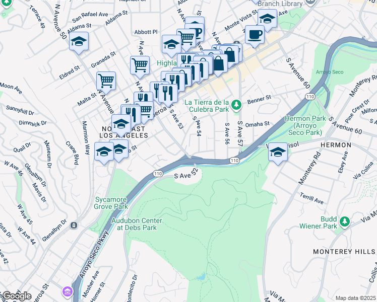 map of restaurants, bars, coffee shops, grocery stores, and more near 281 South Avenue 52 in Los Angeles