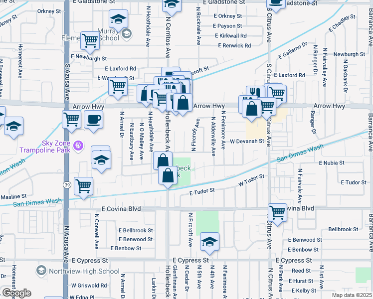 map of restaurants, bars, coffee shops, grocery stores, and more near 1349 North Fircroft Avenue in Covina