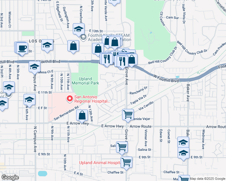 map of restaurants, bars, coffee shops, grocery stores, and more near 1350 San Bernardino Road in Upland