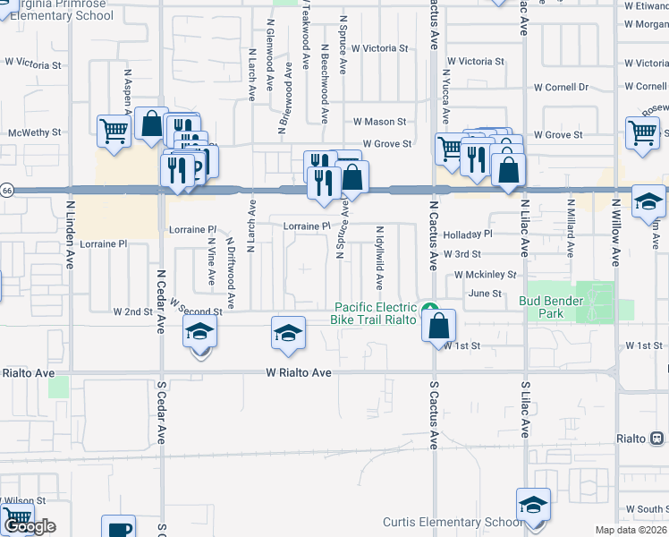map of restaurants, bars, coffee shops, grocery stores, and more near 240 North Spruce Avenue in Rialto
