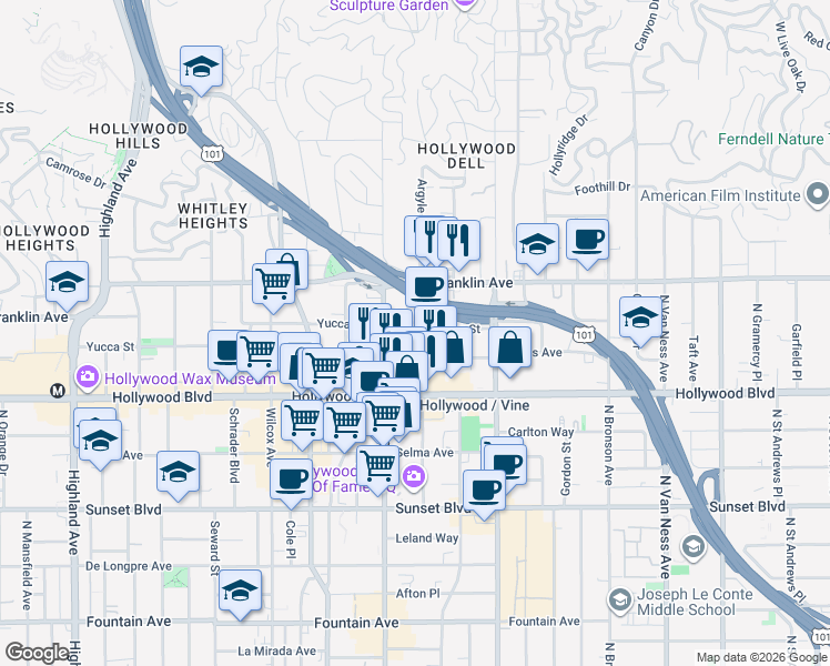 map of restaurants, bars, coffee shops, grocery stores, and more near 6230 Yucca Street in Los Angeles