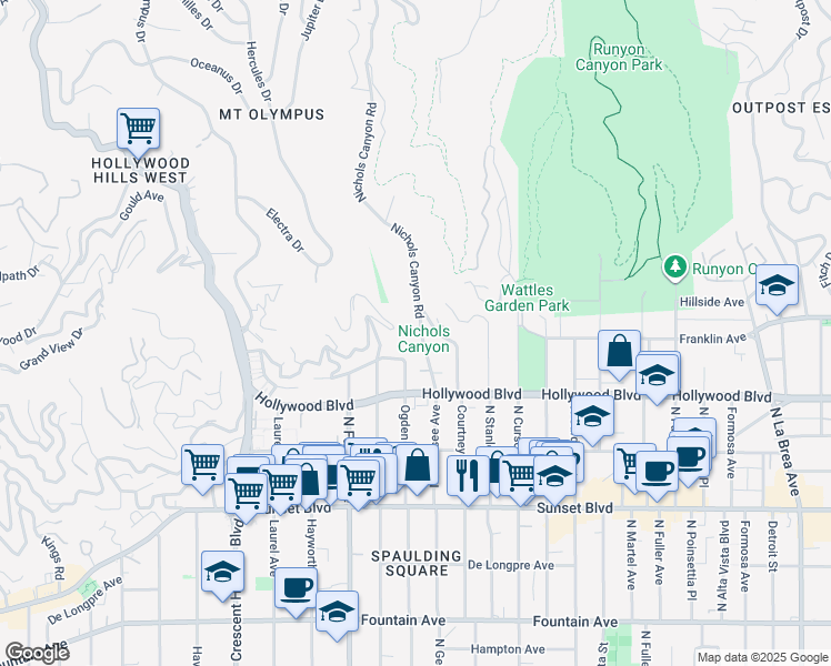 map of restaurants, bars, coffee shops, grocery stores, and more near 1805 Nichols Canyon Road in Los Angeles