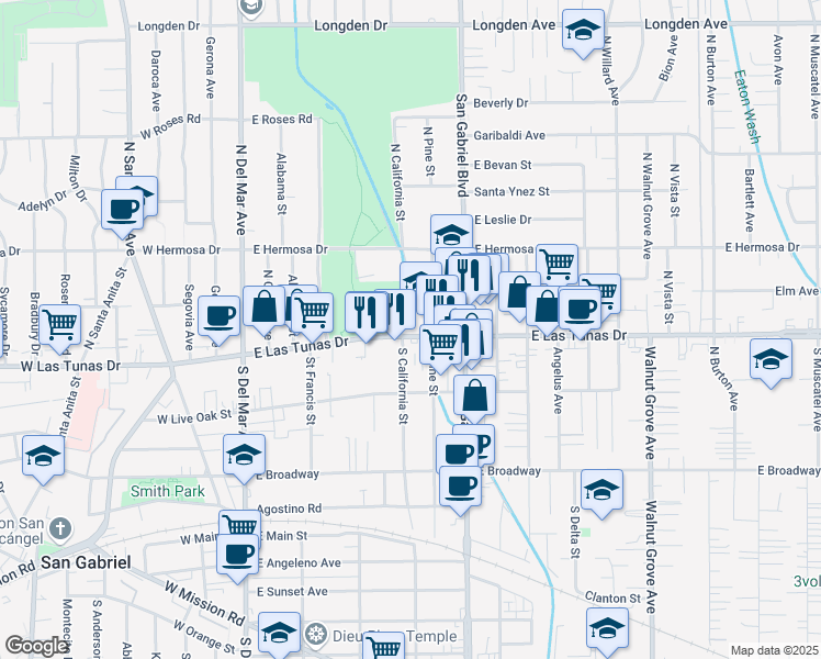 map of restaurants, bars, coffee shops, grocery stores, and more near 601 East Las Tunas Drive in San Gabriel