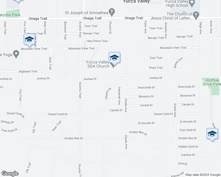 map of restaurants, bars, coffee shops, grocery stores, and more near 92346 Church Court in Yucca Valley